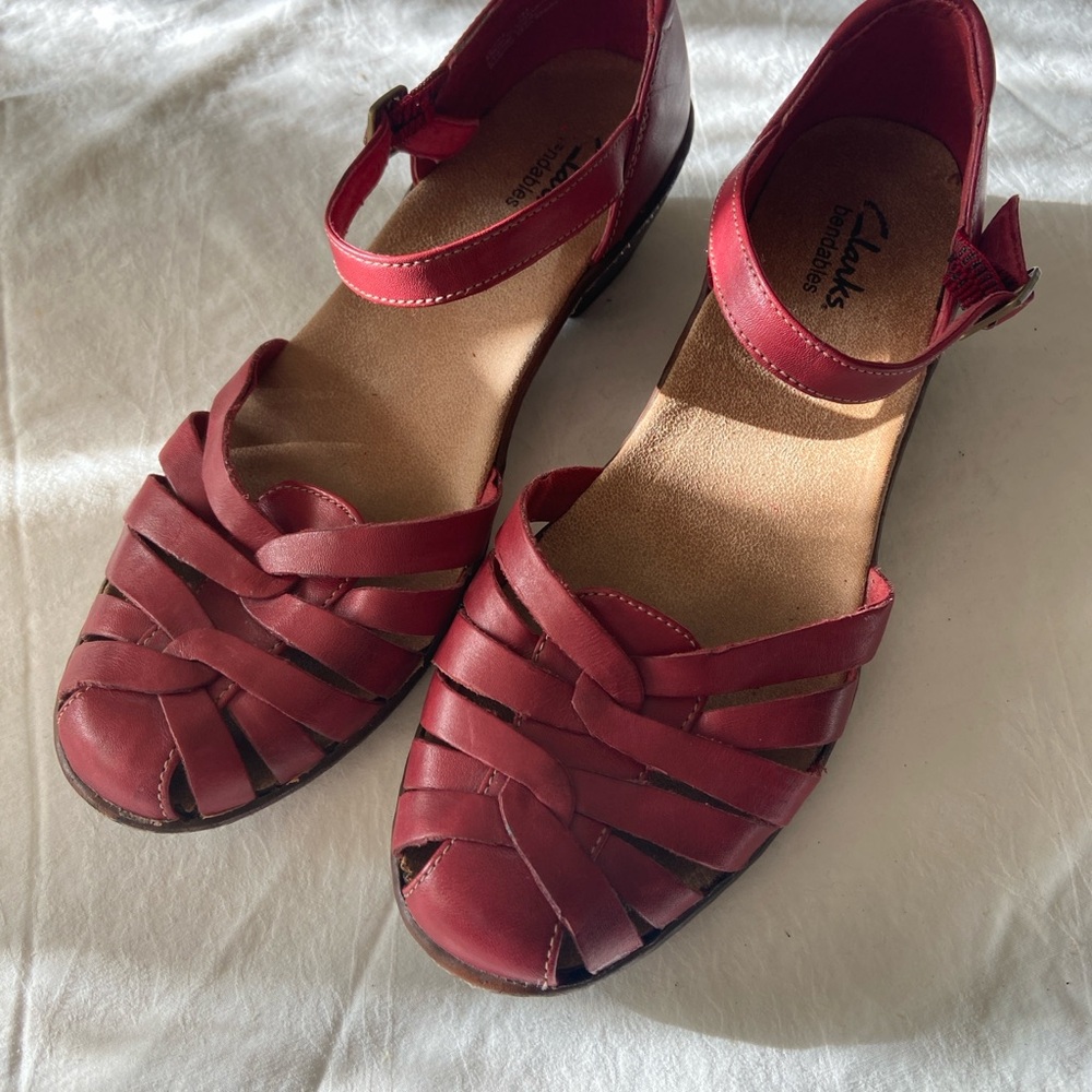 Clarks Red short heel leather sandals